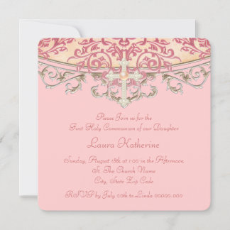 Elegant Peach Coral First Communion Invitation