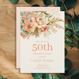 Elegant Peach Cream Floral 50th Birthday Invitation