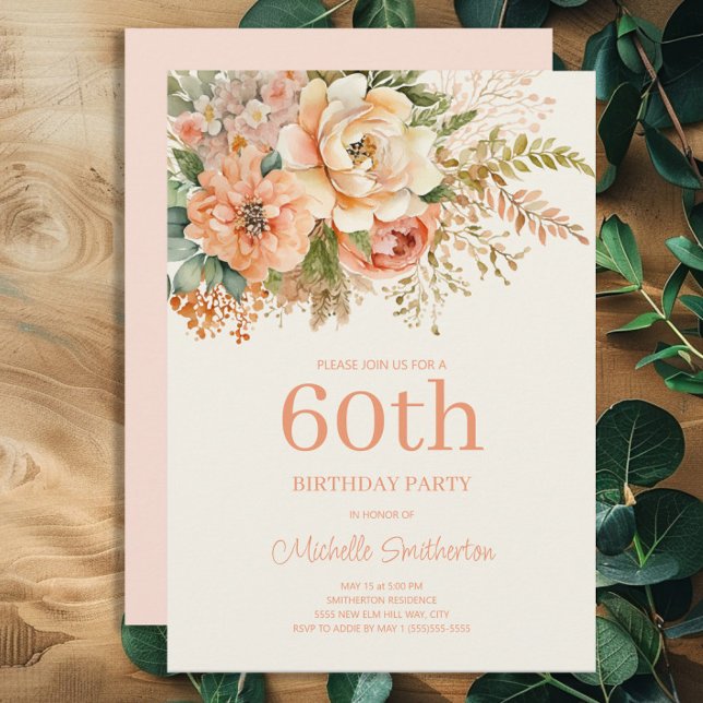 Elegant Peach Cream Floral 60th Birthday Invitation (Peach and cream-colored watercolor floral 60th birthday party invitation)