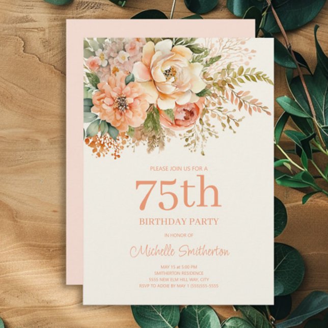 Elegant Peach Cream Floral 75th Birthday Invitation (Peach and cream watercolor floral 75th birthday party invitation)