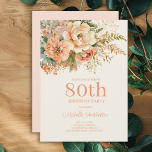 Elegant Peach Cream Floral 80th Birthday Invitation