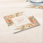 Elegant Peach Cream Floral 90th Birthday Square Paper Coaster<br><div class="desc">Elegant peach and cream watercolor floral and foliage 90th birthday party square coaster for women. Contact me for assistance with your customisations or to request additional matching or coordinating Zazzle products for your event(s)</div>