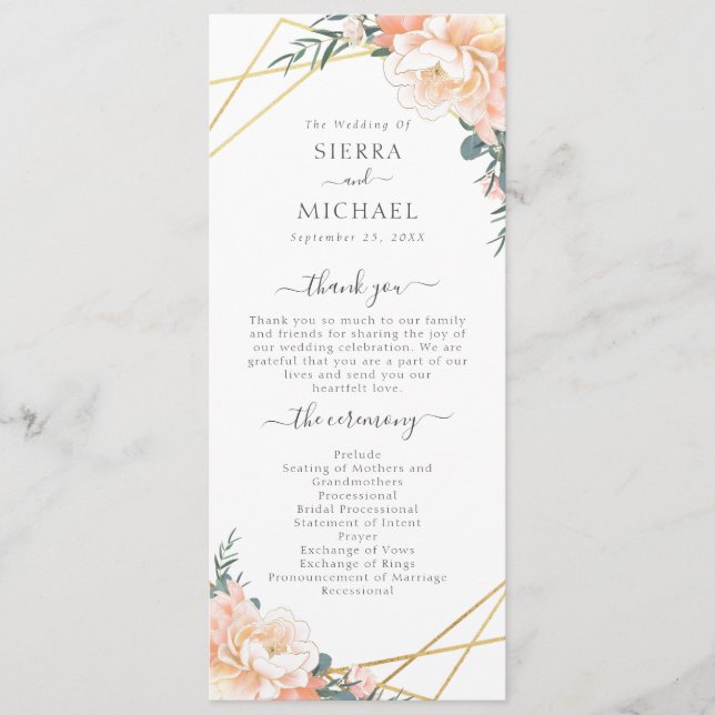 Elegant Peach Cream Floral Gold Geometric Wedding Programme (Front)