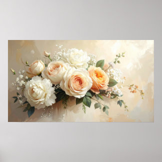 Elegant Peach & Cream Rose Bouquet: Romantic Paint Poster