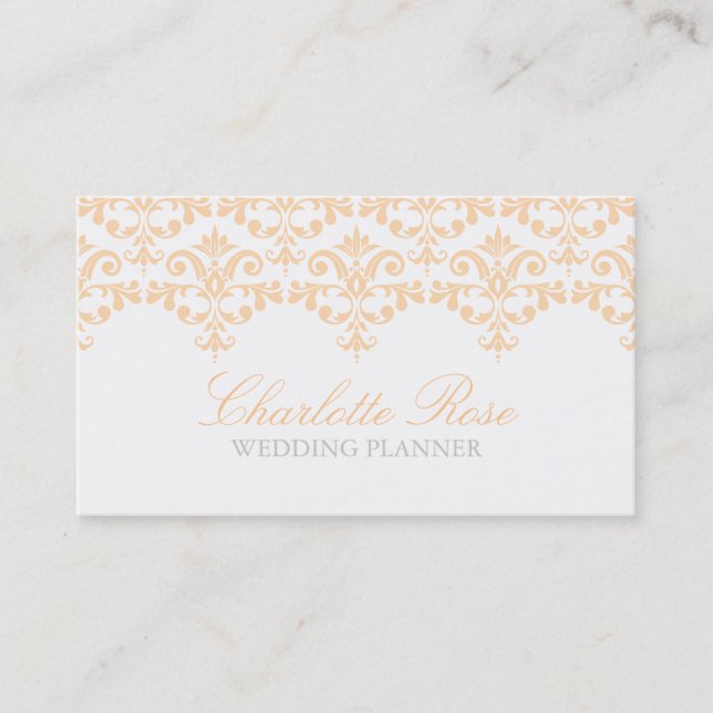 Elegant Peach Damask Business Card (Front)
