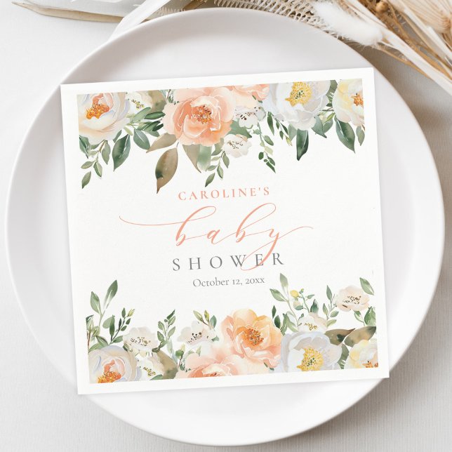 Elegant Peach Floral Baby Bloom Girl Baby Shower Napkin (Creator Uploaded)