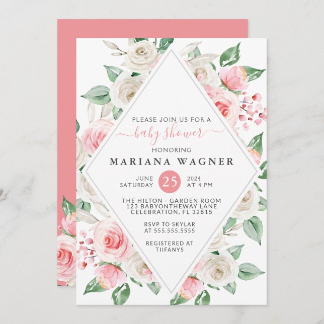 Elegant Peach Floral Baby Shower Invitation (Front/Back)