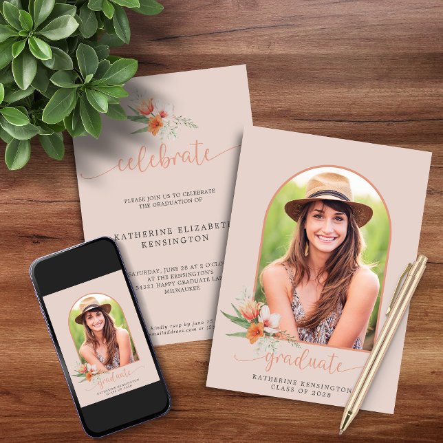 Elegant Peach Floral Boho Arch Photo Graduation Invitation (Elegant Peach Floral Boho Arch Photo Graduation Invitation Announcement with Instant Download Option)