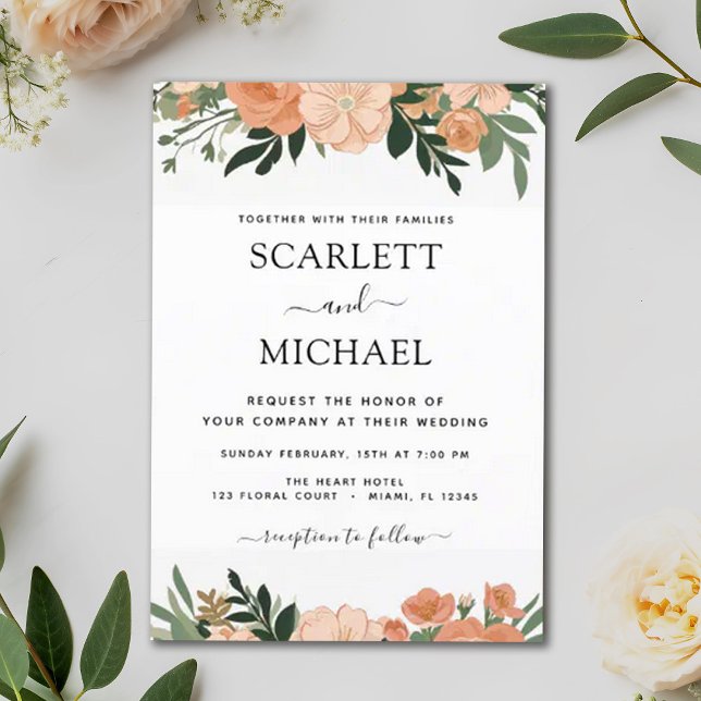 Elegant Peach Floral Botanical Summer Wedding Invitation (Creator Uploaded)
