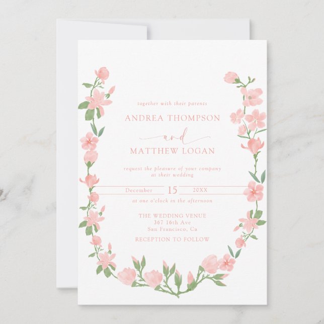 Elegant Peach Floral Botanical Wedding Invitation (Front)