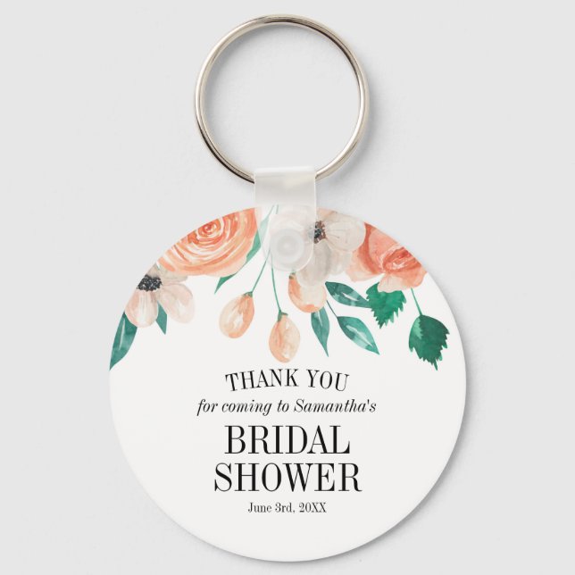 Elegant Peach Floral Bridal Shower Custom Favour Key Ring (Front)