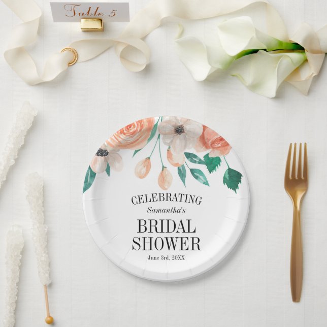 Elegant Peach Floral Bridal Shower Personalised Paper Plate (Wedding)