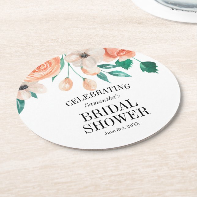 Elegant Peach Floral Bridal Shower Personalised Round Paper Coaster (Angled)