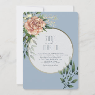 Elegant Peach Floral Dusty Blue Wedding Invitation