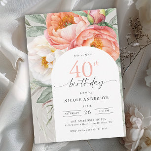 Elegant Peach Floral Feminine 40th Birthday Invitation