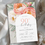 Elegant Peach Floral Feminine 90th Birthday Invitation<br><div class="desc">With elegance and charm, this peach and white watercolor floral 90th birthday invitation is a beautiful choice for celebrating a special milestone birthday. It features a lovely bouquet of peach and ivory white watercolor peonies, eucalyptus and trailing greenery on a neutral light sage green background. Trendy type face pairings and...</div>