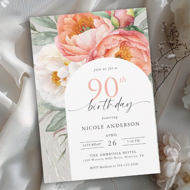 Elegant Peach Floral Feminine 90th Birthday Invitation (Available in both printed and instant download digital formats.)