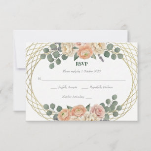 Elegant Peach Floral & Gold Lattice Oval Wedding RSVP Card