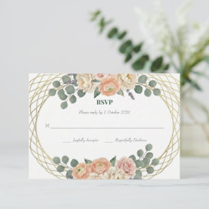 Elegant Peach Floral & Gold Lattice Oval Wedding  RSVP Card