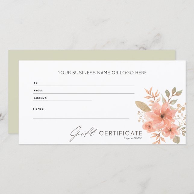 Elegant Peach Floral Logo Gift Certificate (Front/Back)