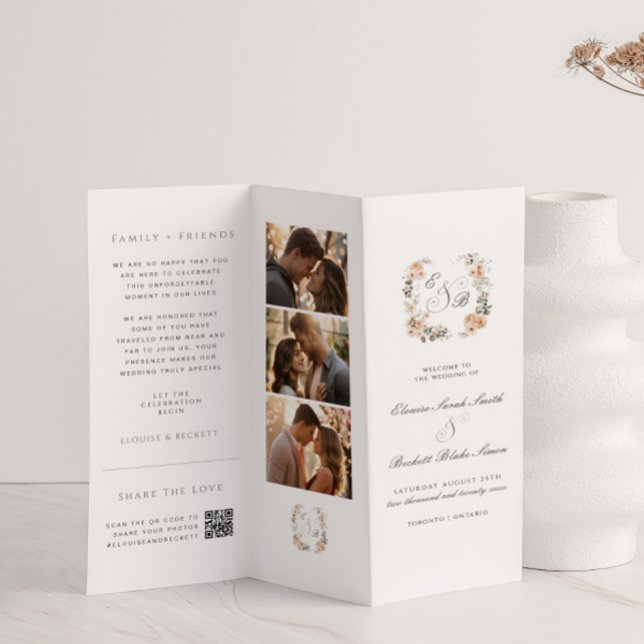 Elegant Peach Floral Trifold Wedding Program (Creator Uploaded)