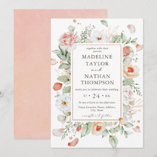 Elegant Peach Floral Watercolor Border Wedding Invitation