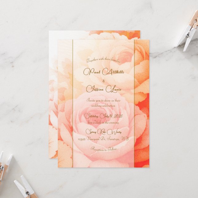 Elegant Peach Floral Wedding Invitation (Front/Back In Situ)