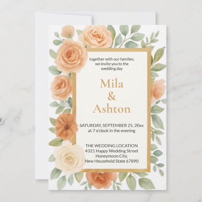 Elegant Peach Floral Wedding Invitation – Editable (Front)