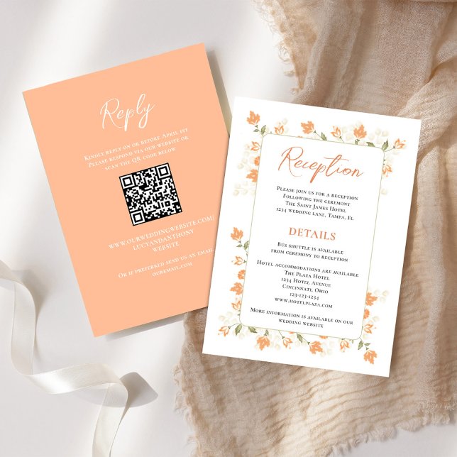 Elegant Peach Floral Wedding Reception Enclosure Card (Wedding reception and reply card with a scannable QR code with peach floral.)