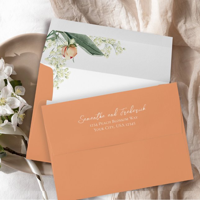 Elegant Peach Floral Wedding Return Address Envelope (Peach floral custom envelope.)