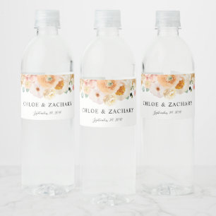 Elegant Peach Floral Wedding Water Bottle Label