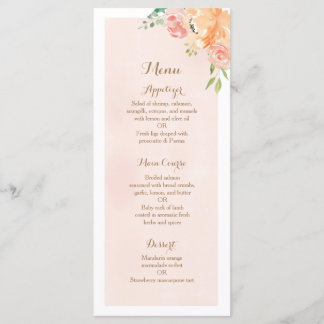 Elegant peach flower wedding reception dinner menu