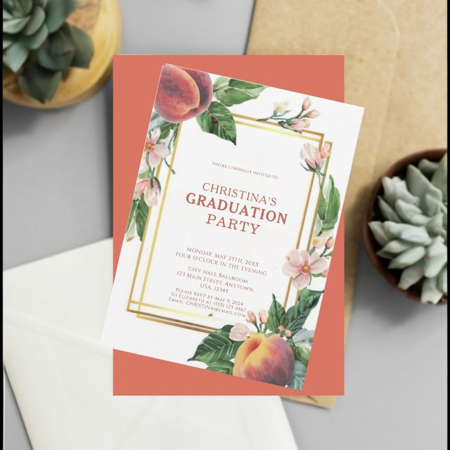 Elegant Peach Fruit Graduation Invitation (Celebrate in style with our elegant floral invites.)