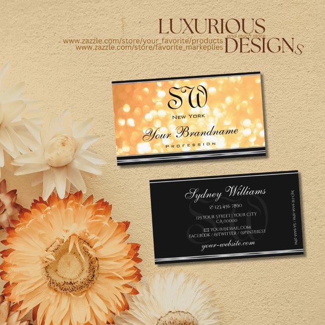 Elegant Peach Glitter Monogram Black Silver Border Business Card (Creator Uploaded)