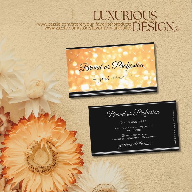 Elegant Peach Glitter Stars Black Silver Border Business Card (Creator Uploaded)