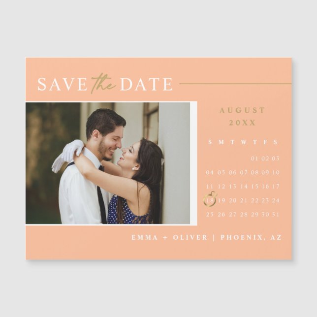 Elegant Peach Gold Save the Date Calendar Magnet (Front)