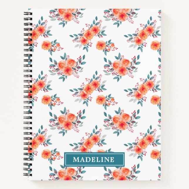 Elegant Peach & Green Floral Personalised Notebook (Front)