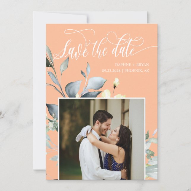 Elegant Peach Green Leaves QR Code Photo Wedding Save The Date (Front)