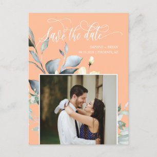 Elegant Peach Green Leaves QR Code Save the Date Announcement Postcard