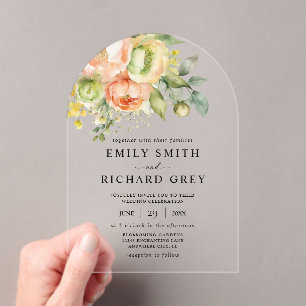 Elegant Peach & Greenery Floral Foliage Wedding Acrylic Invitations