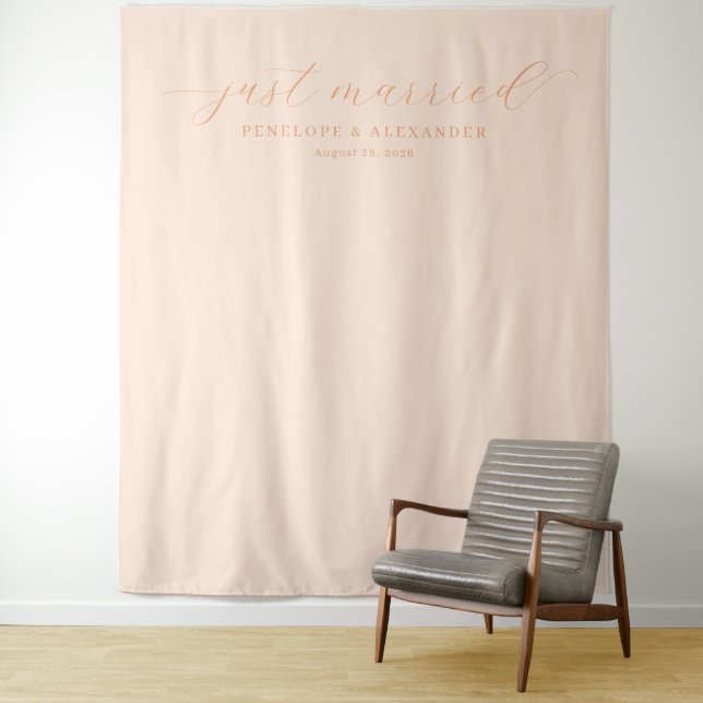 Elegant Peach Just Married Calligraphy Tapestry (In Situ)