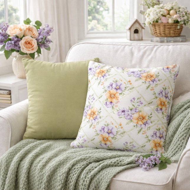 Elegant Peach Lavender & Solid Sage Green Spring Cushion (Creator Uploaded)