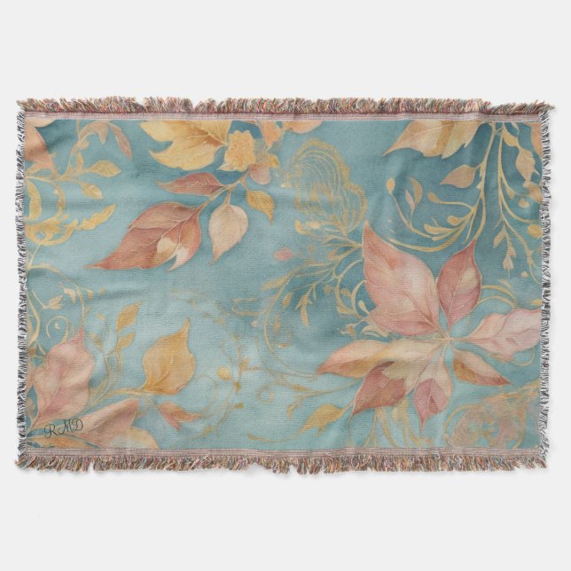 Elegant Peach Leaf Cosy Cyan Blush Floral Throw Blanket (Front)