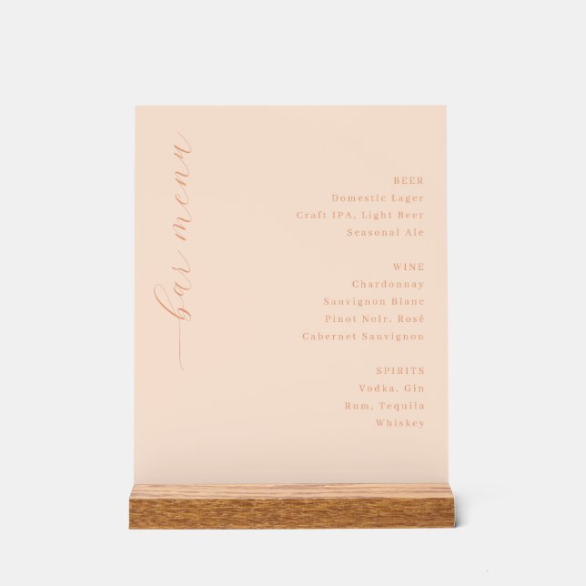 Elegant Peach Minimalist Bar Menu Acrylic Sign (Front)