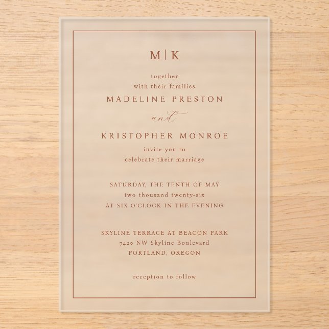 Elegant Peach Minimalist Calligraphy Acrylic Invitations (Front)
