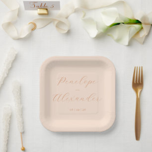 Elegant Peach Minimalist Names Paper Plate