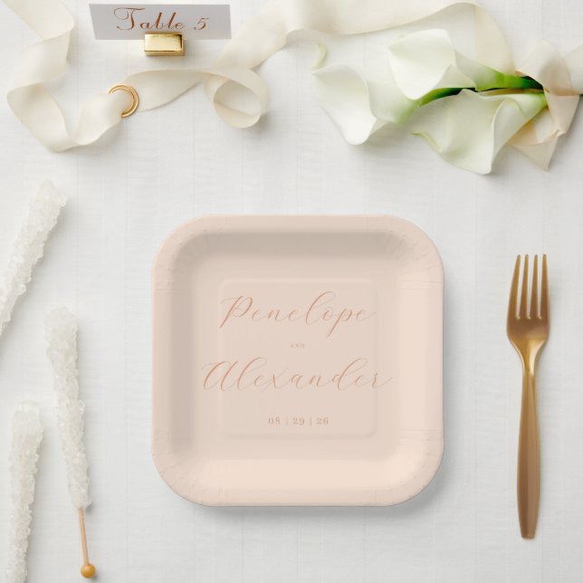 Elegant Peach Minimalist Names Paper Plate (Wedding)