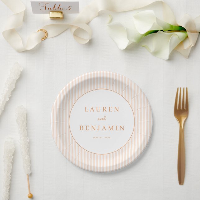 Elegant Peach Minimalist Stripes Paper Plate (Wedding)