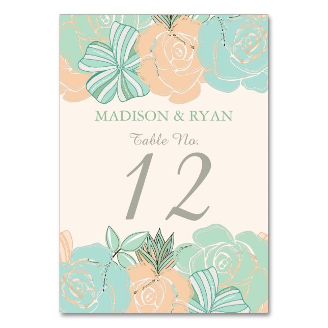 Elegant Peach Mint Floral Custom Wedding Table Number (Front)
