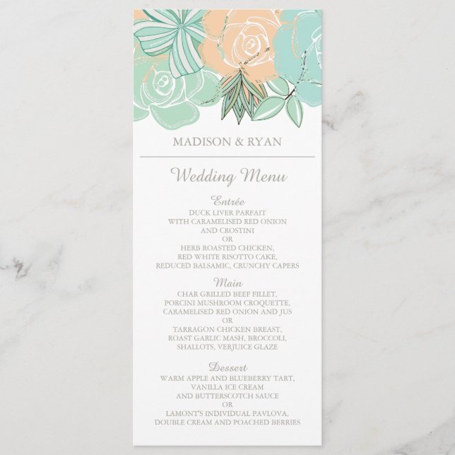 Elegant Peach Mint Floral Wedding Menu (Front)